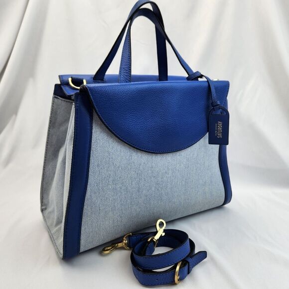 🔥Kate Spade Saturday Blue "The Large A" Leather/Canvas Satchel/Crossbody Purse - Picture 3 of 15